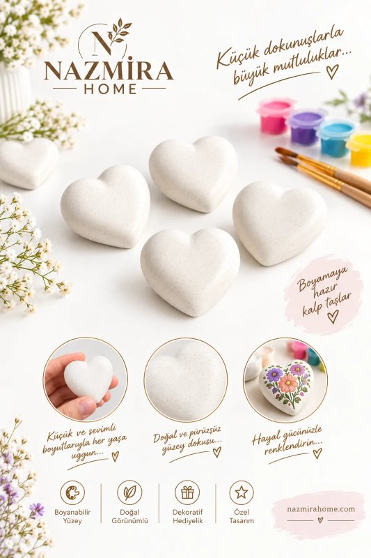 Boyanabilir Kalp Hobi Taşı 8 Adet – 6 x 6 cm Taş Tozu Boyama Seti