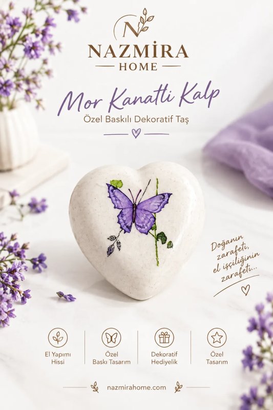 Mor Kelebek Baskılı Kalp Taş 10 Adet – 6 x 6 cm Dekoratif Hediyelik